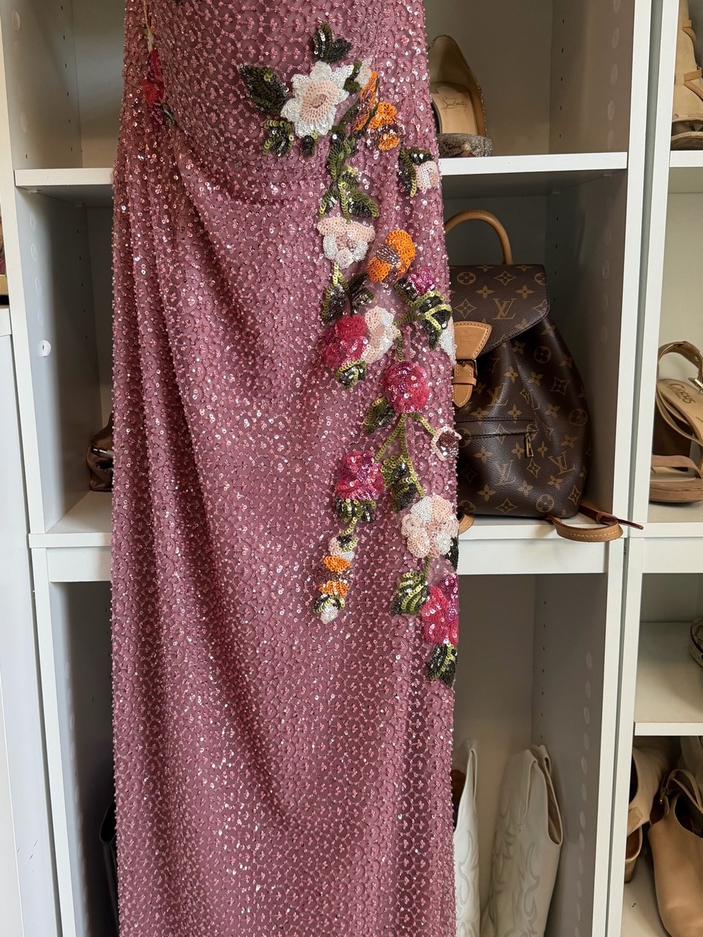 Strapless Blush-Pink Sequined Evening Gown with Floral Appliqué - Picture 3 of 4